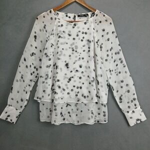 Apt. 9 Blouse Top Womens Small White Polka Dot Dalmatian Chiffon Layered Keyhole